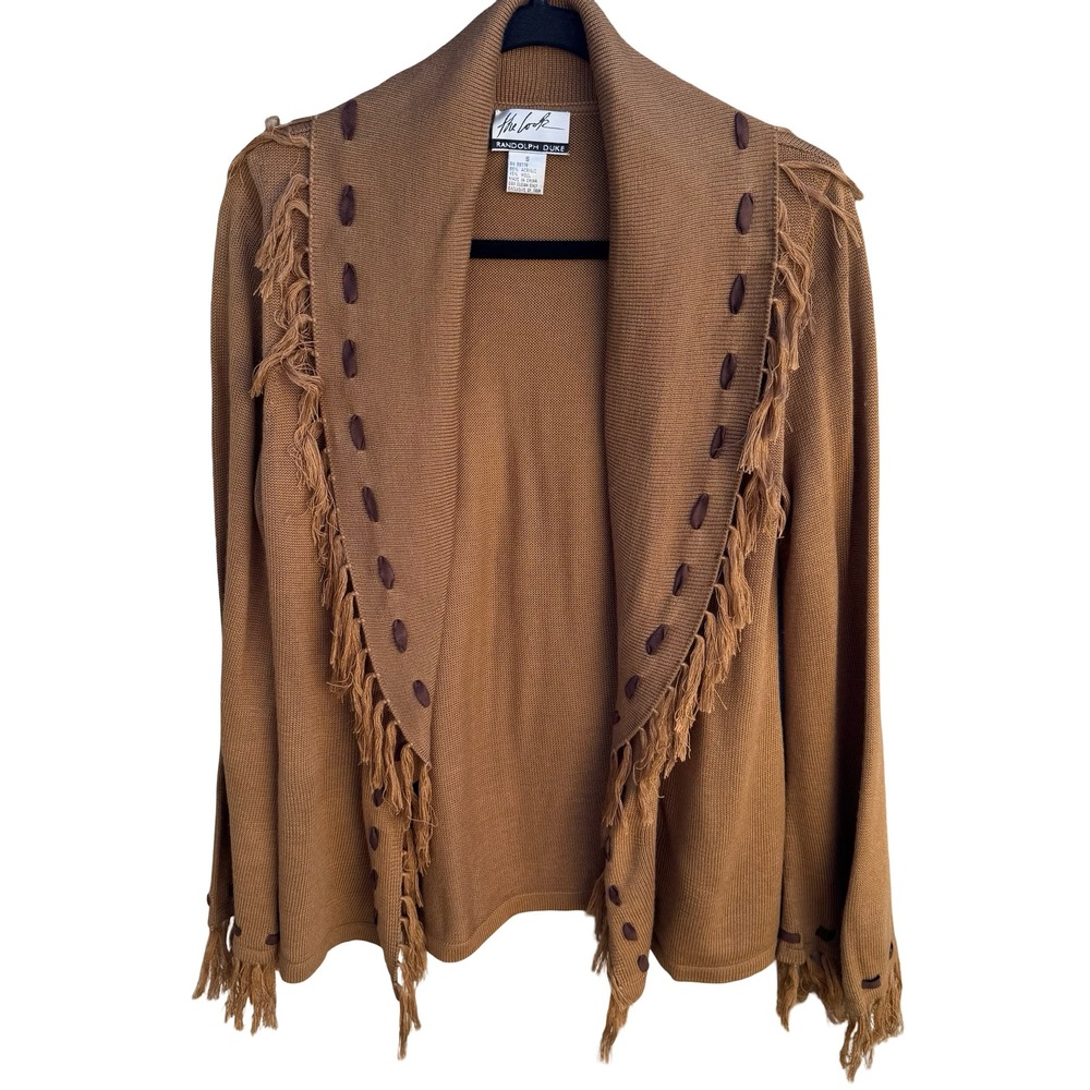 Randolph Duke Womens Camel Brown Fringe Whipstitch Open Front Cardigan Sweater S